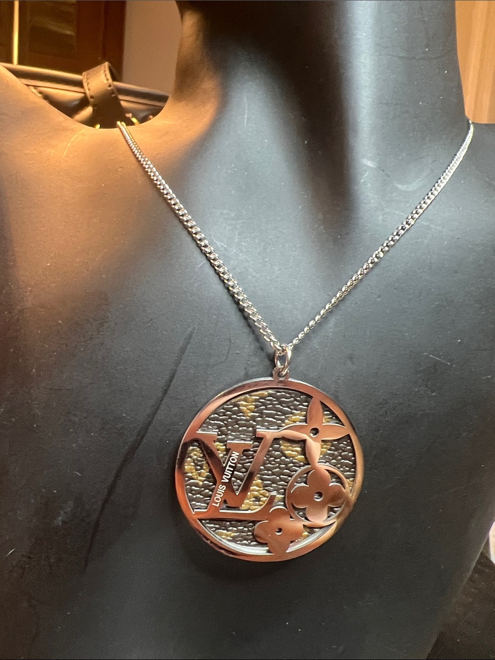 Stainless Steal Silver-Tone Logo Medallion Necklace with Brown Monogram Backing